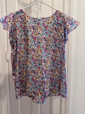 ANTONIO MELANI Floral Flutter Sleeve Top in Pink, Yellow & Blue